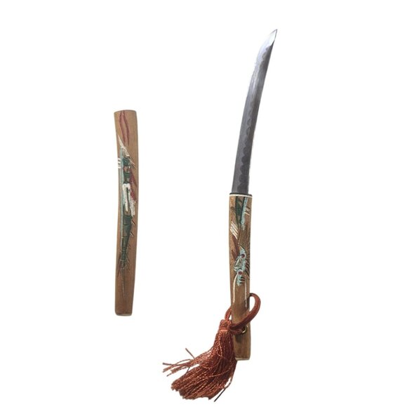 Miniature Japanese Samurai Sword Letter Opener Hand-Painted Wooden Sheath Tassel - Picture 3 of 5